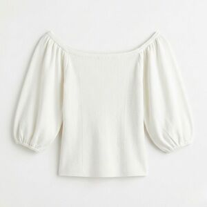 Express White Puff Sleeve Square Neck Knit Top | Minimalist Coastal Cottagecore
